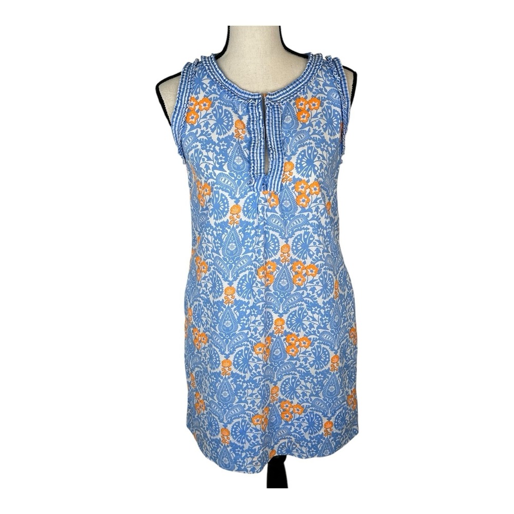 Gretchen Scott Sleeveless V Neck Blue Orange Print Flirt Shift‎ Dress Size XS